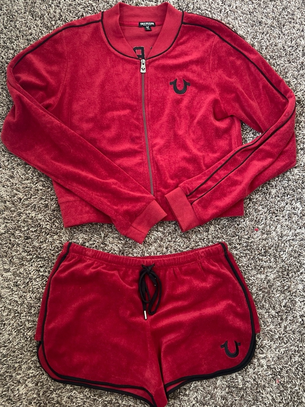 True Religion Red Velour Zip Jacket and Drawstring Shorts Set